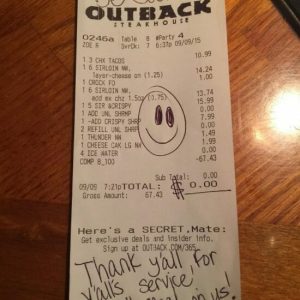 Two Outback workers wish nobody saw what message they wrote on cops’ receipt