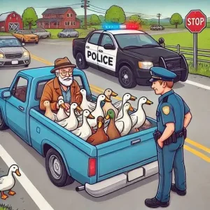 A policeman pulls over an old man driving a pickup truck