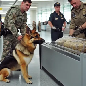 The police dog, seeing this bag at the airport, began to whine and look at the border guard, attracting his attention