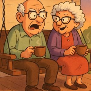 An elderly couple, Bert and Edna, are sitting on the porch swing!