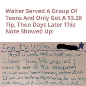 $3,28 tip irritates the waiter, When an unexpected letter arrives days later, eyes widen