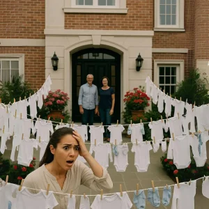 My husband went on a business trip, but when I visited my in-laws, I was sh0cked to see baby diapers hanging all over the yard.