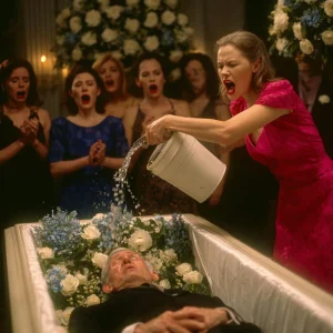 The woman walked up to her husband’s coffin and poured the contents of the bucket on his face.