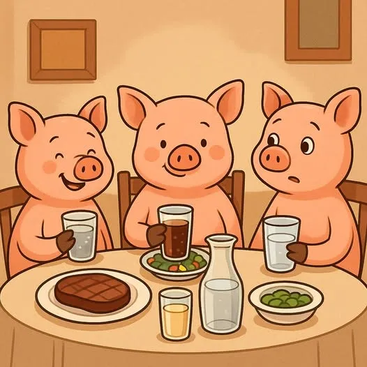 The Three Little Pigs recently visited a high-end restaurant to celebrate their newfound success